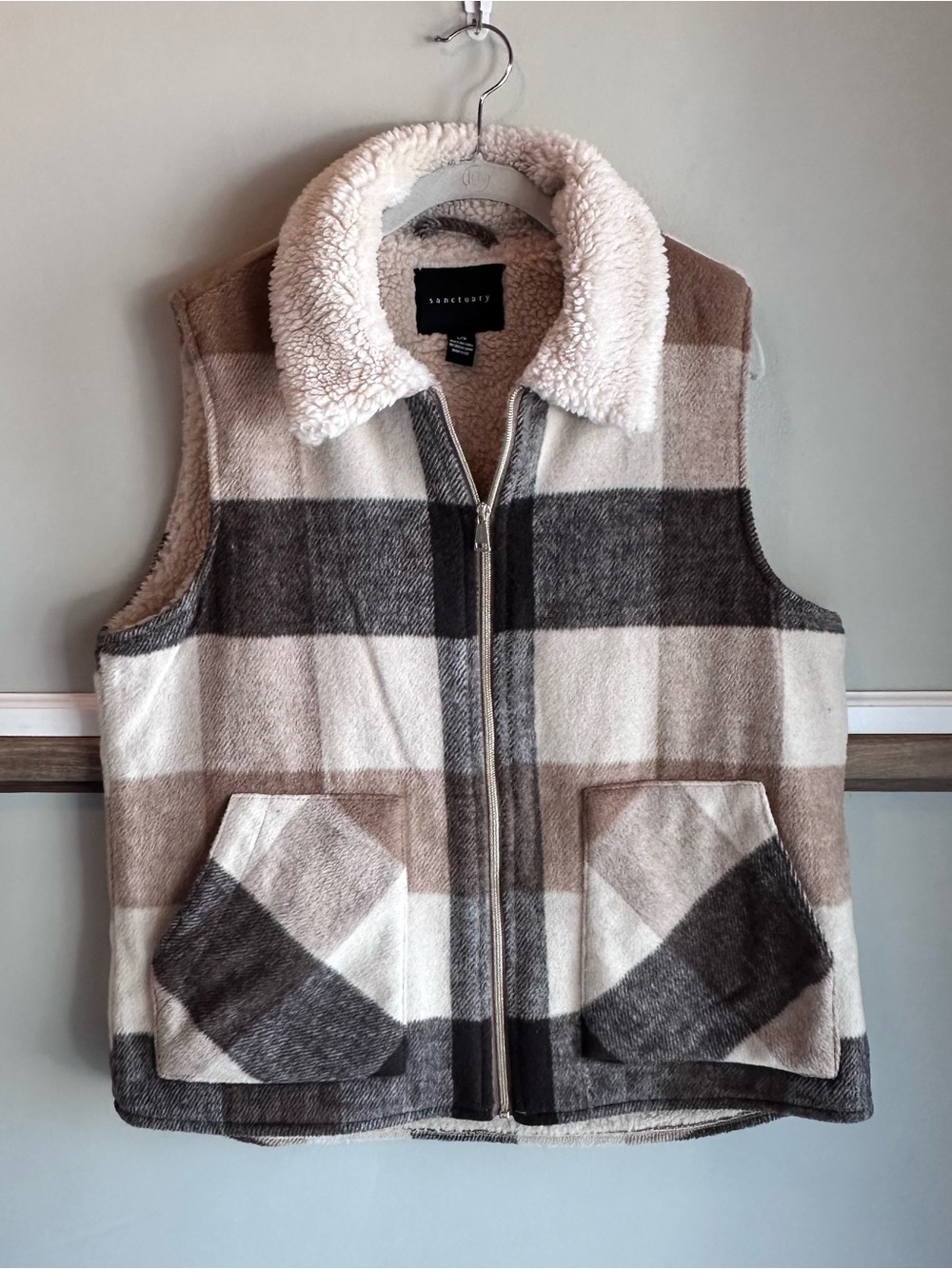 Sanctuary Mixed Media Neutral Plaid Sherpa Lined Wool Blend Vest